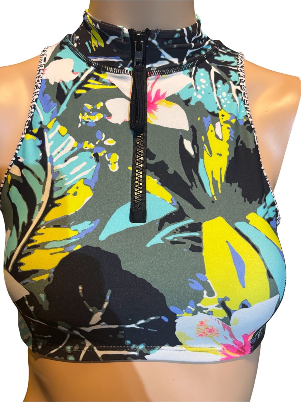 Body Glove High Neck Zip-Front Floral Crop Top in Black & Aqua